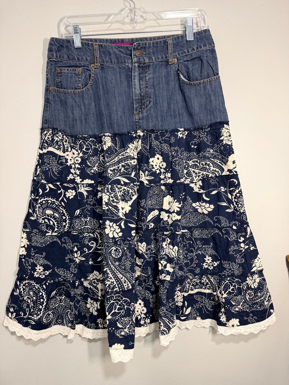 Vintage Mix Notions Skirt Medium Denim and Cotton lace Tiered